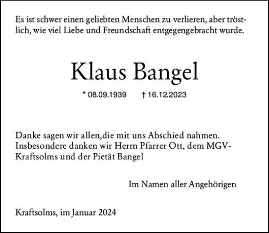 Traueranzeige von Klaus Bangel von Wetzlarer Neue Zeitung