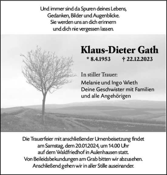 Traueranzeige von Klaus-Dieter Gath von Weilburger Tageblatt