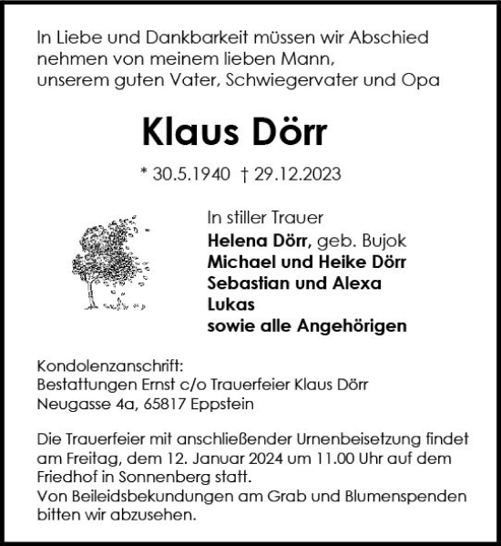 Traueranzeige von Klaus Dörr von Wiesbadener Kurier