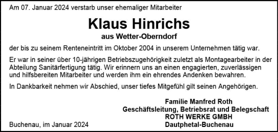 Traueranzeige von Klaus Hinrichs von Hinterländer Anzeiger
