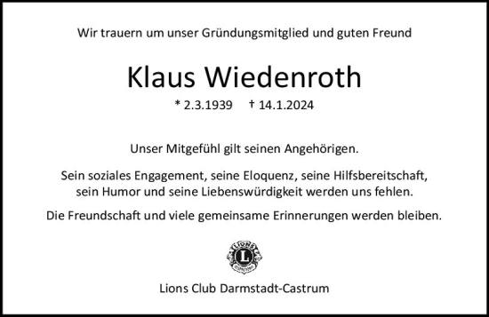 Traueranzeige von Klaus Wiedenroth von Darmstädter Echo