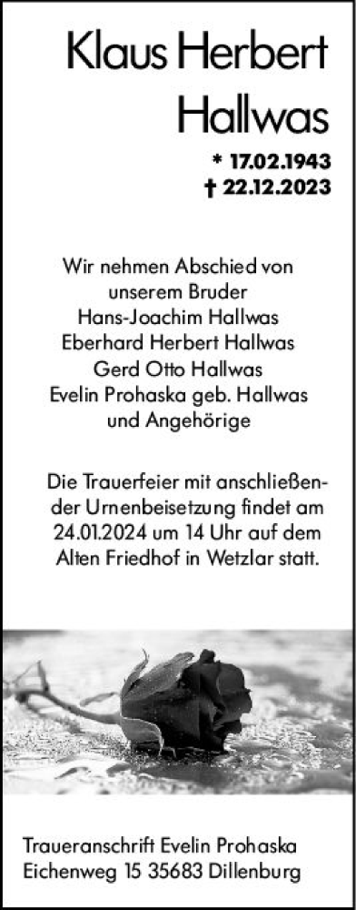 Traueranzeige von Klaus Herbert Hallwas von Dill Block