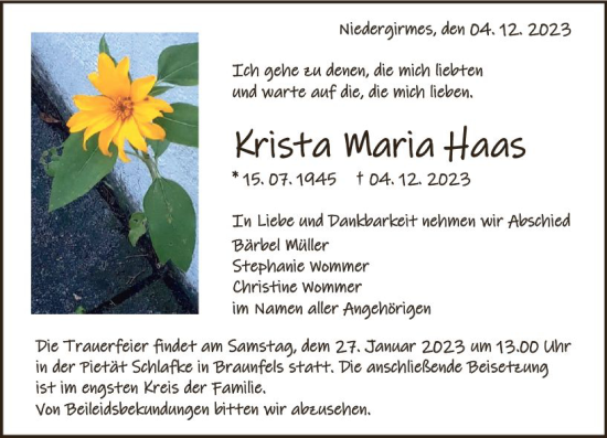 Traueranzeige von Krista Maria Haas von Wetzlarer Neue Zeitung