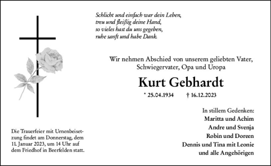 Traueranzeige von Kurt Gebhardt von Odenwälder Echo