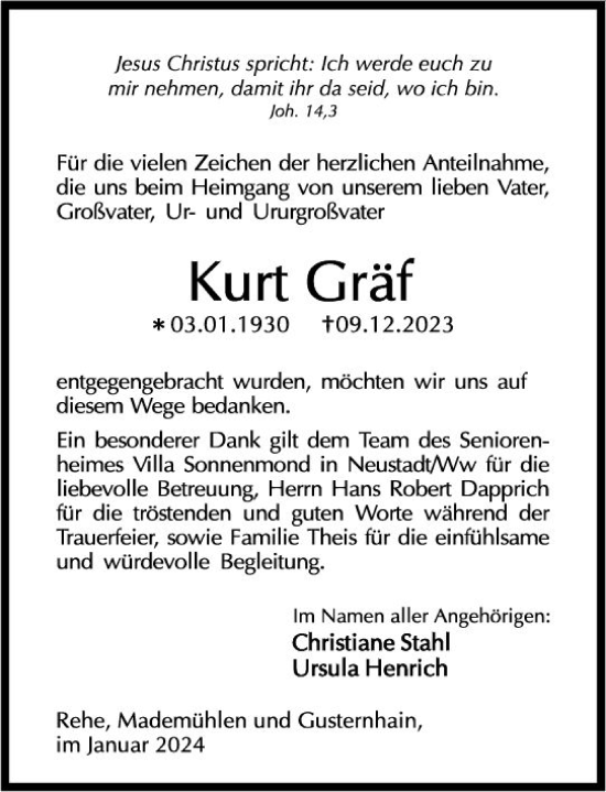 Traueranzeige von Kurt Gräf von Dill Block