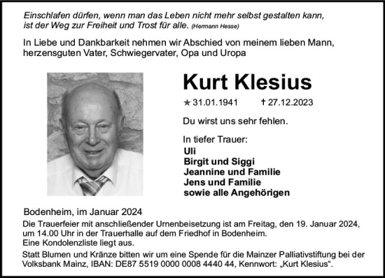 Traueranzeige von Kurt Klesius von Allgemeine Zeitung Mainz