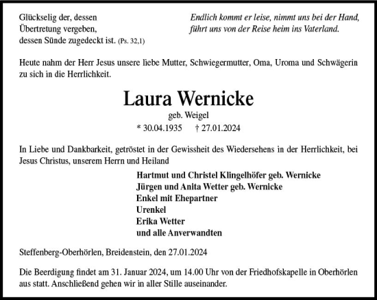 Traueranzeige von Laura Wernicke von Hinterländer Anzeiger