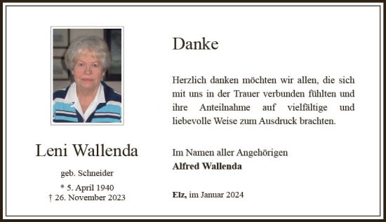 Traueranzeige von Leni Wallenda von Nassauische Neue Presse