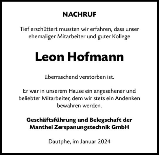 Traueranzeige von Leon Hofmann von Hinterländer Anzeiger