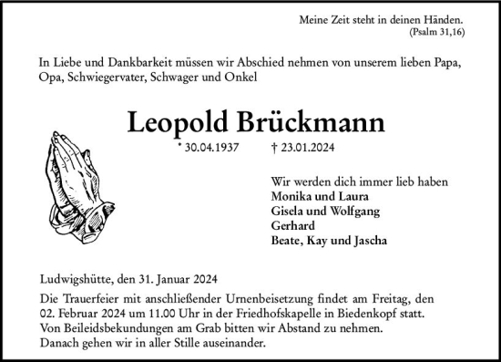 Traueranzeige von Leopold Brückmann von Hinterländer Anzeiger
