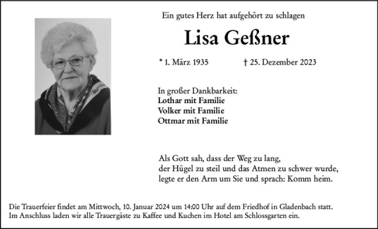 Traueranzeige von Lisa Geßner von Hinterländer Anzeiger