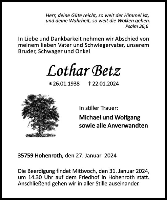 Traueranzeige von Lothar Betz von Dill Block
