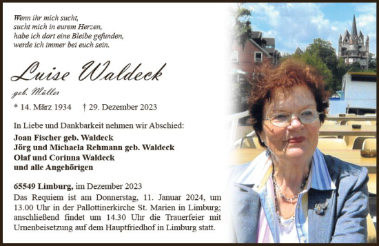 Traueranzeige von Luise Waldeck von Nassauische Neue Presse