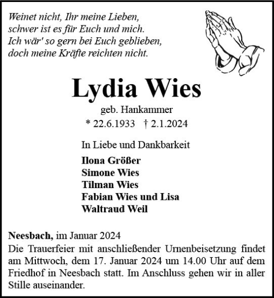 Traueranzeige von Lydia Wies von Nassauische Neue Presse