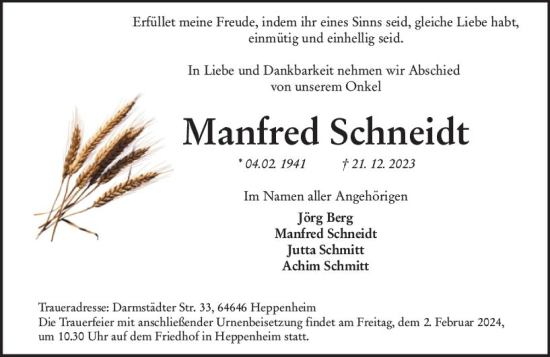 Traueranzeige von Manfred Schneidt von Starkenburger Echo