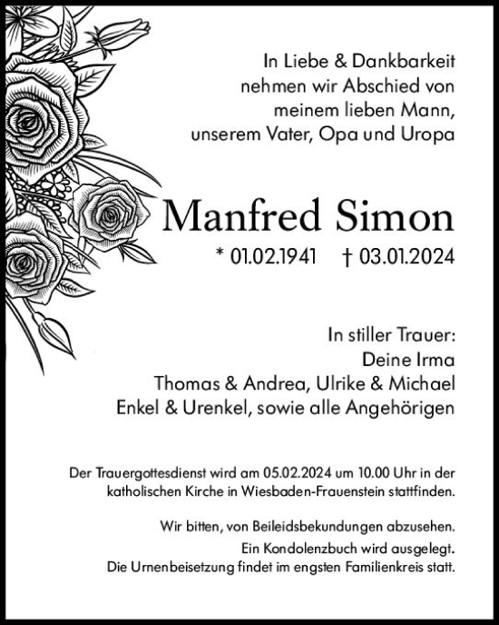 Traueranzeige von Manfred Simon von Wiesbadener Kurier