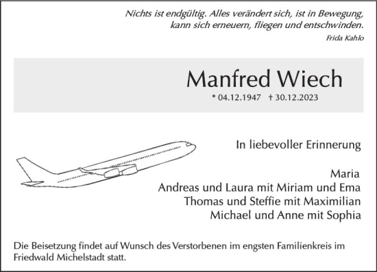 Traueranzeige von Manfred Wiech von Odenwälder Echo