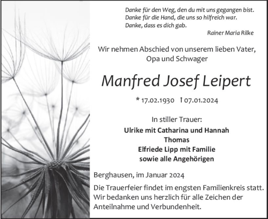 Traueranzeige von Manfred Josef Leipert von Wetzlarer Neue Zeitung