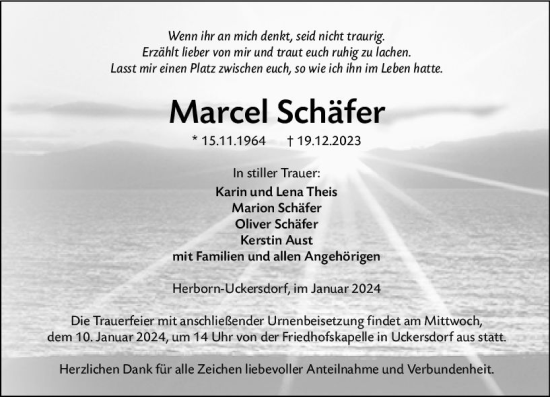 Traueranzeige von Marcel Schäfer von Dill Block