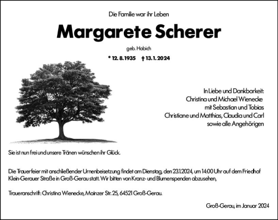 Traueranzeige von Margarete Scherer von Groß-Gerauer Echo