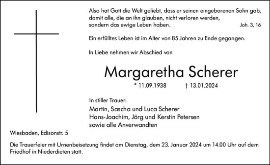 Traueranzeige von Margaretha Scherer von Hinterländer Anzeiger