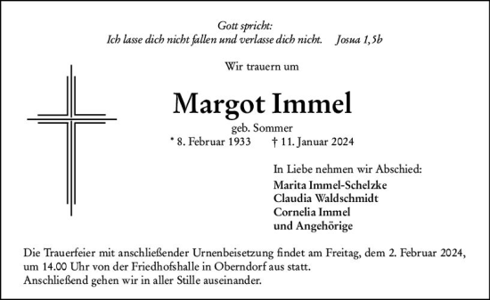 Traueranzeige von Margot Immel von Dill Block