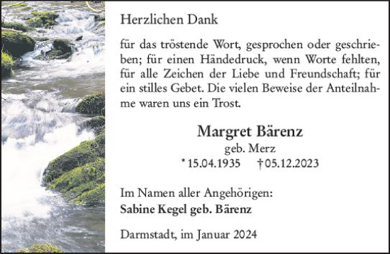 Traueranzeige von Margret Bärenz von Darmstädter Echo