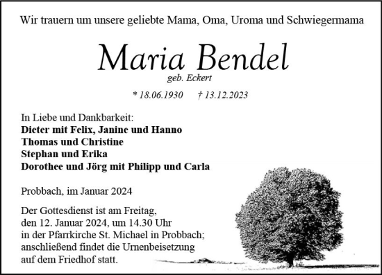 Traueranzeige von Maria Bendel von Weilburger Tageblatt
