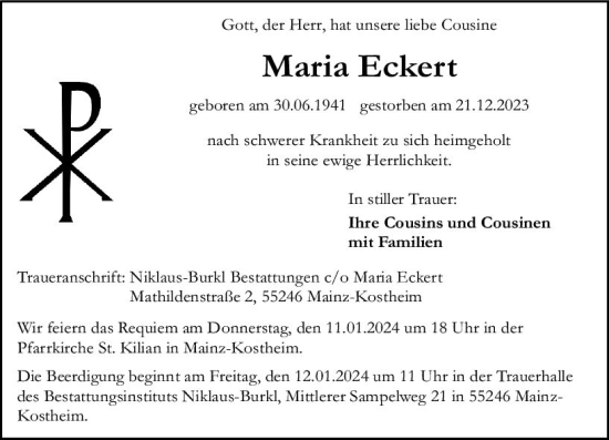 Traueranzeige von Maria Eckert von Allgemeine Zeitung Mainz