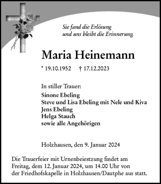 Traueranzeige von Maria Heinemann von Hinterländer Anzeiger