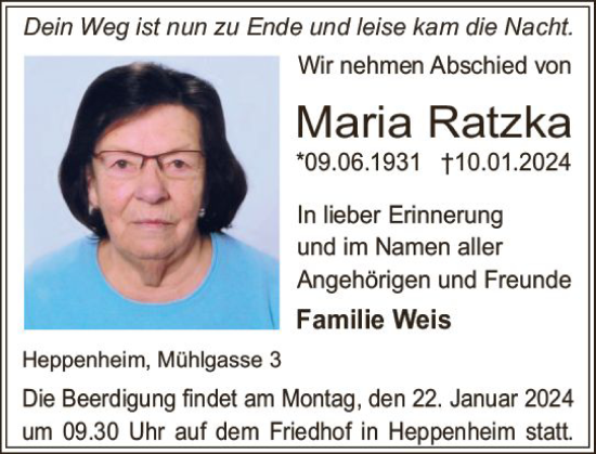 Traueranzeige von Maria Ratzka von Starkenburger Echo