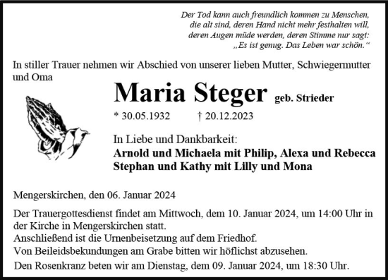 Traueranzeige von Maria Steger von Weilburger Tageblatt