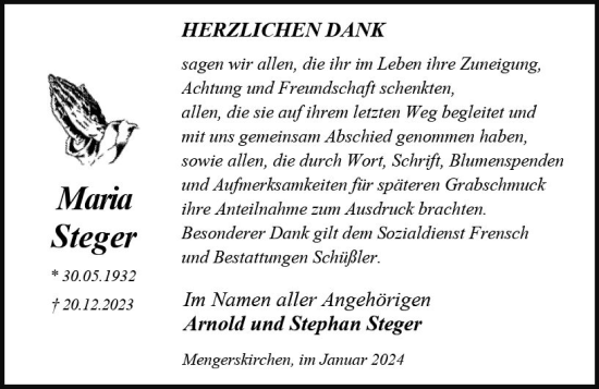 Traueranzeige von Maria Steger von Weilburger Tageblatt