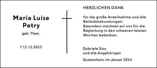 Traueranzeige von Maria Luise Petry von Dill Block