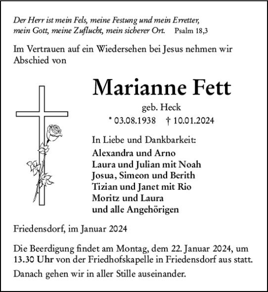 Traueranzeige von Marianne Fett von Hinterländer Anzeiger