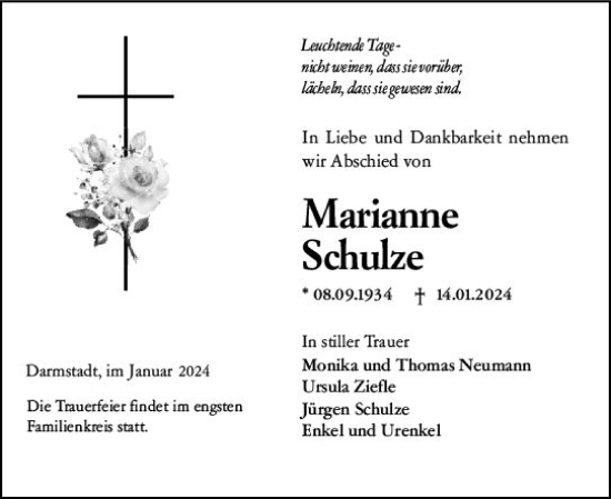 Traueranzeige von Marianne Schulze von Darmstädter Echo