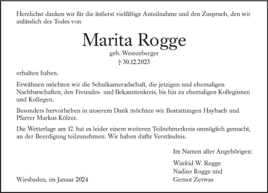 Traueranzeige von Marita Rogge von Wiesbadener Kurier