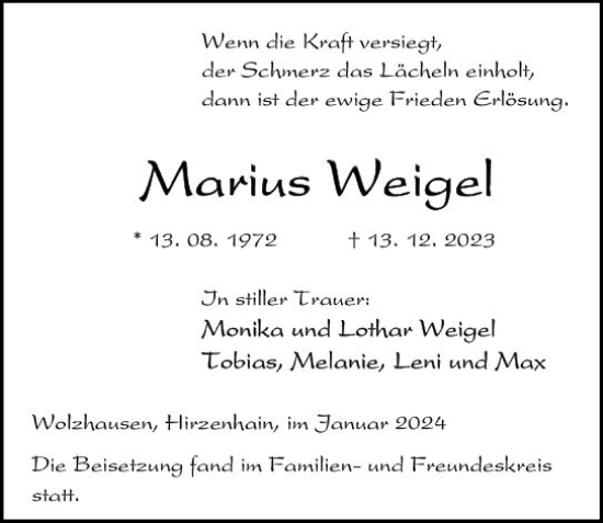 Traueranzeige von Marius Weigel von Hinterländer Anzeiger