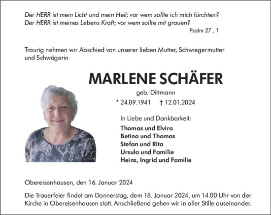 Traueranzeige von Marlene Schäfer von Hinterländer Anzeiger