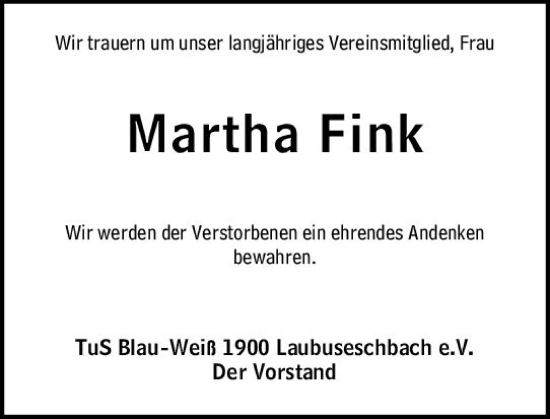 Traueranzeige von Martha Fink von Weilburger Tageblatt