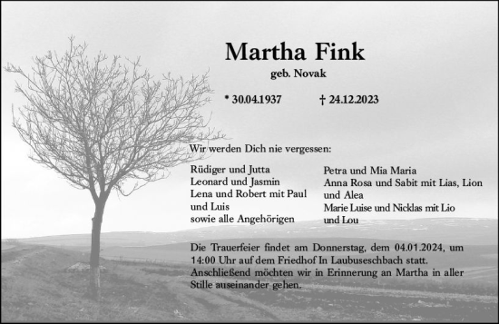 Traueranzeige von Martha Fink von Weilburger Tageblatt