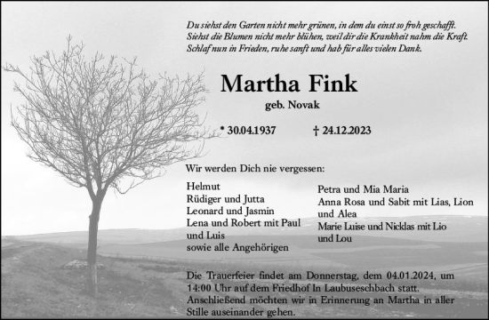Traueranzeige von Martha Fink von Weilburger Tageblatt