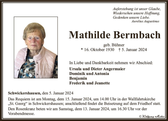 Traueranzeige von Mathilde Bermbach von Camberger Anzeiger