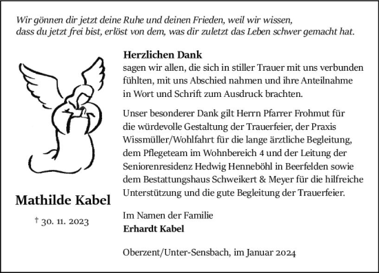 Traueranzeige von Mathilde Kabel von Odenwälder Echo