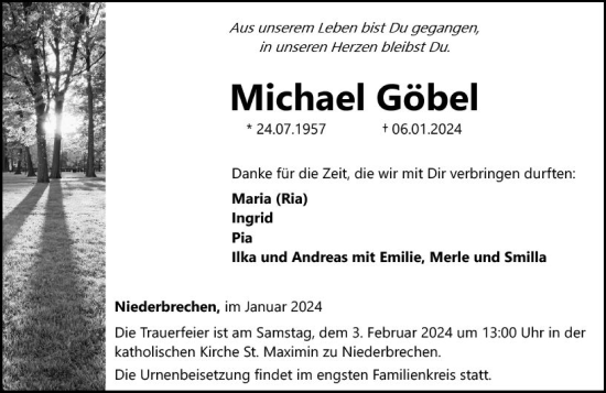 Traueranzeige von Michael Göbel von Camberger Anzeiger