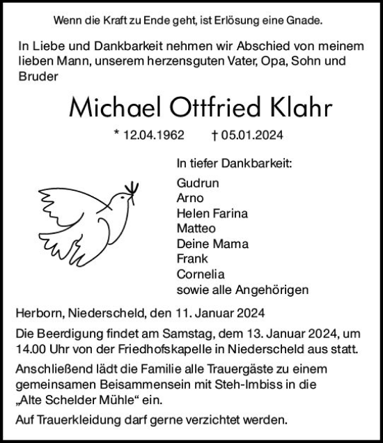 Traueranzeige von Michael Ottfried Klahr von Dill Block