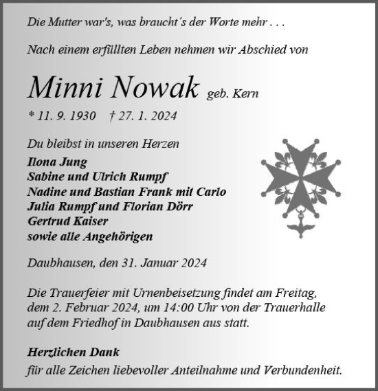 Traueranzeige von Minni Nowak von Wetzlarer Neue Zeitung