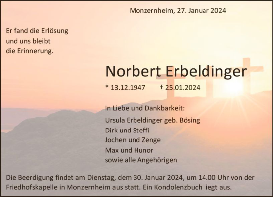 Traueranzeige von Norbert Erbeldinger von Wormser Zeitung