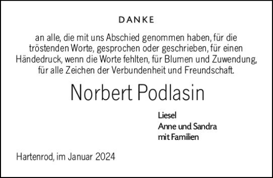 Traueranzeige von Norbert Podlasin von Hinterländer Anzeiger