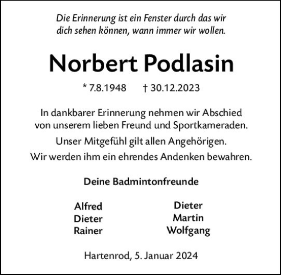 Traueranzeige von Norbert Podlasin von Hinterländer Anzeiger